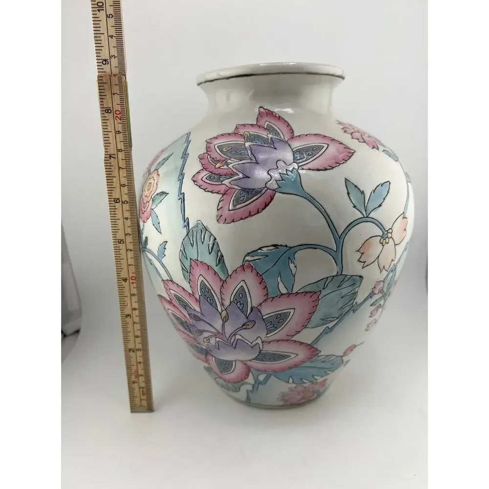 Vintage Chinoiserie‎ Floral Vase Vintage 90s Pink Blue Bold Flowers